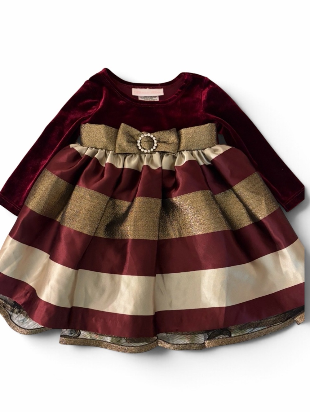 Bonnie Baby Burgundy & Gold Christmas Holiday Dress NWT